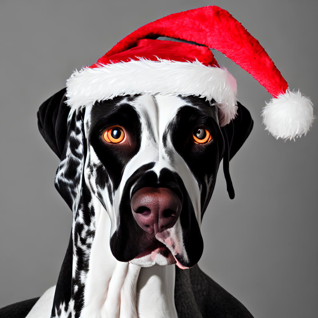 Large Great Dane Dog in Santa Hat with Orange Eyes on Grey Background