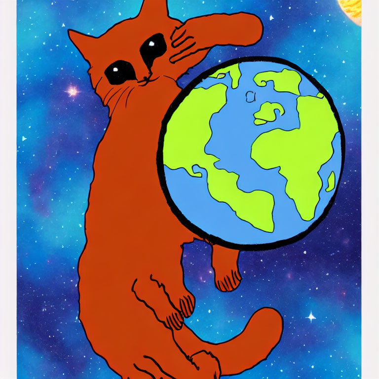 Stylized illustration of orange cat in space batting at Earth