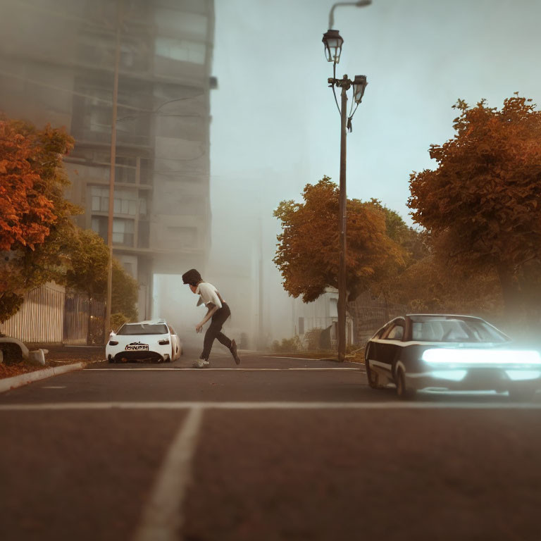 Pedestrian crossing misty urban street with autumn trees and vehicles.