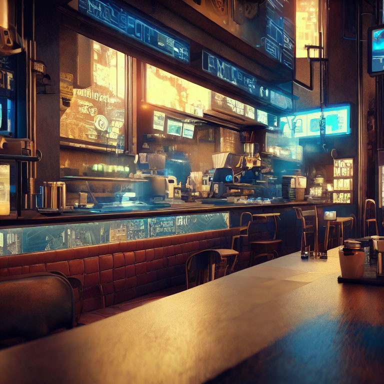 Futuristic diner with blue screens, barista station, plush booths