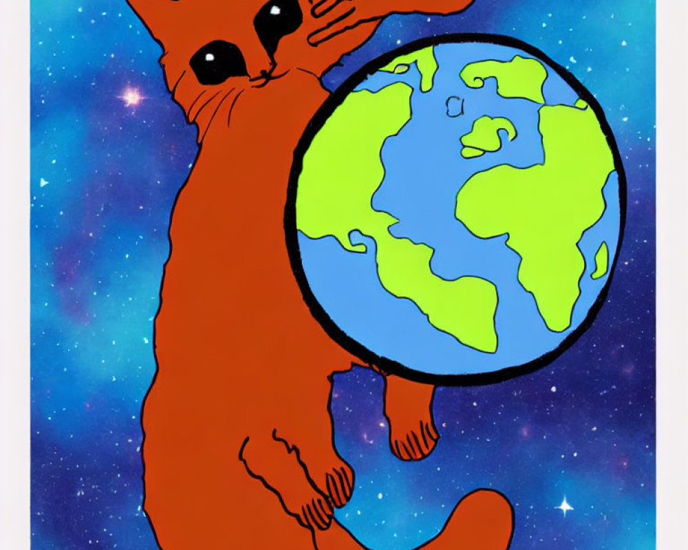 Stylized illustration of orange cat in space batting at Earth