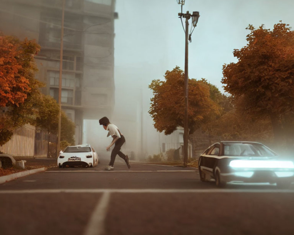 Pedestrian crossing misty urban street with autumn trees and vehicles.