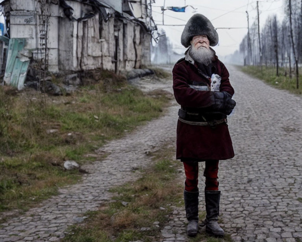 Elderly man with white beard holding animal on cobblestone path