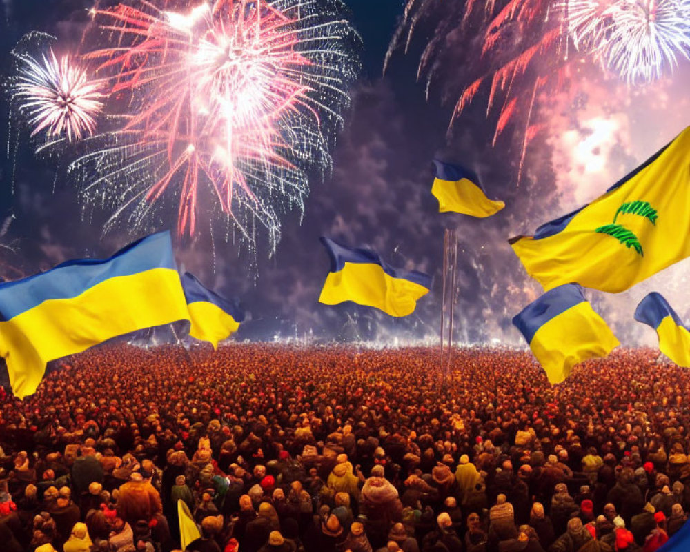 Nighttime crowd watches vibrant fireworks with yellow and blue flags.