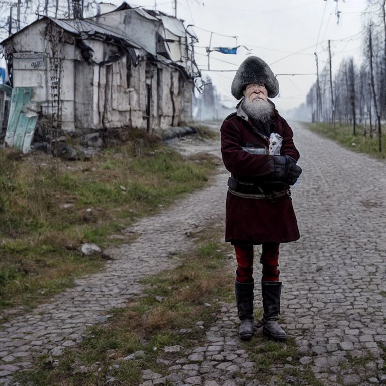 Elderly man with white beard holding animal on cobblestone path