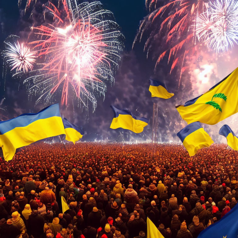 Nighttime crowd watches vibrant fireworks with yellow and blue flags.