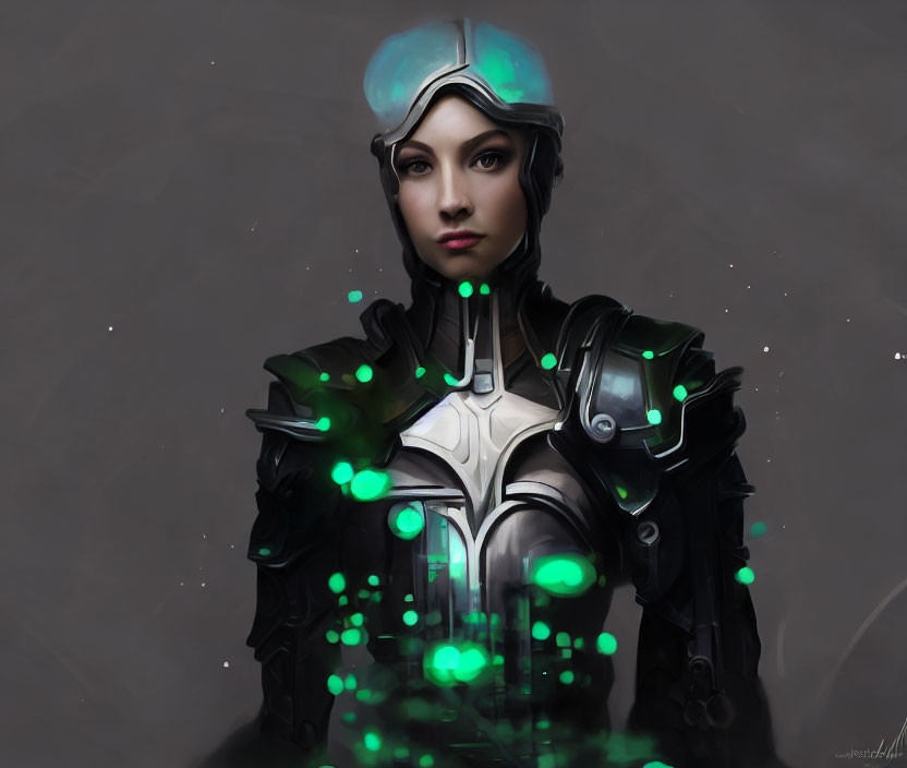 Futuristic armor woman portrait with green lights and sleek helmet