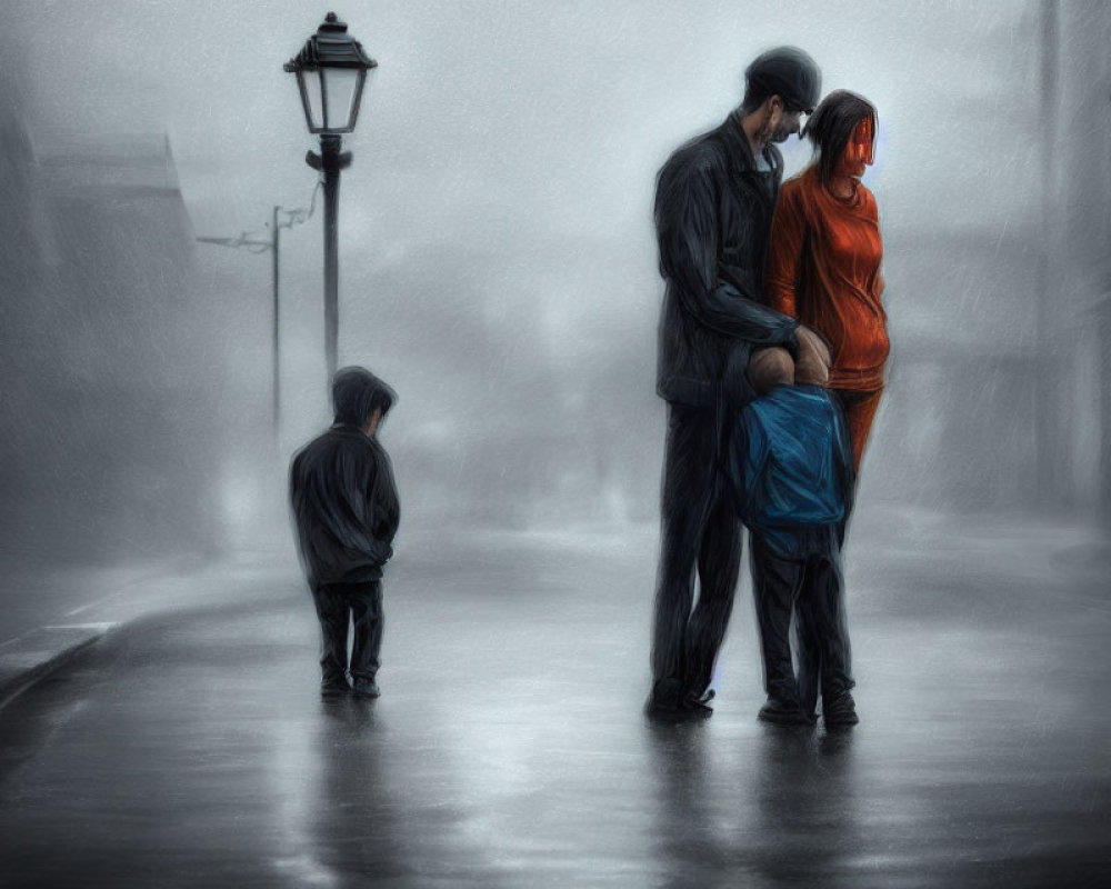 Family of three walking in rain on misty, lamp-lit street