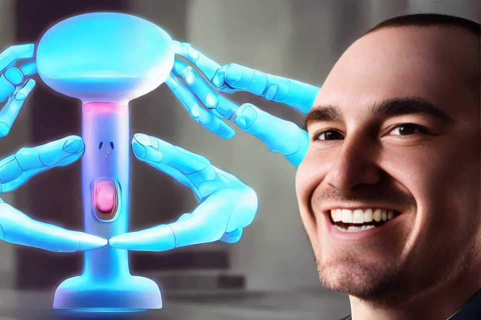 Illustration of smiling man's face and futuristic robotic arms holding glowing device