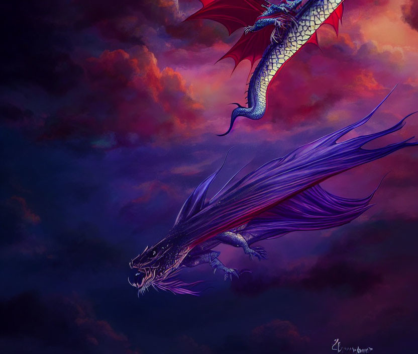 Red-winged dragon with purple tail in dramatic sky.