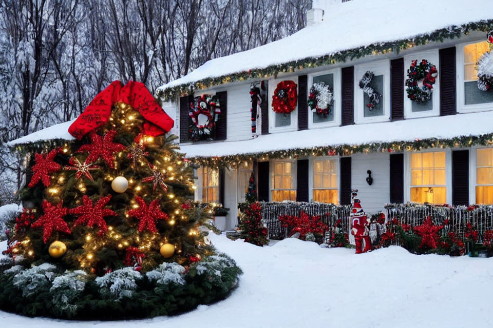 Snow-covered Christmas house with festive decorations and Santa hat tree