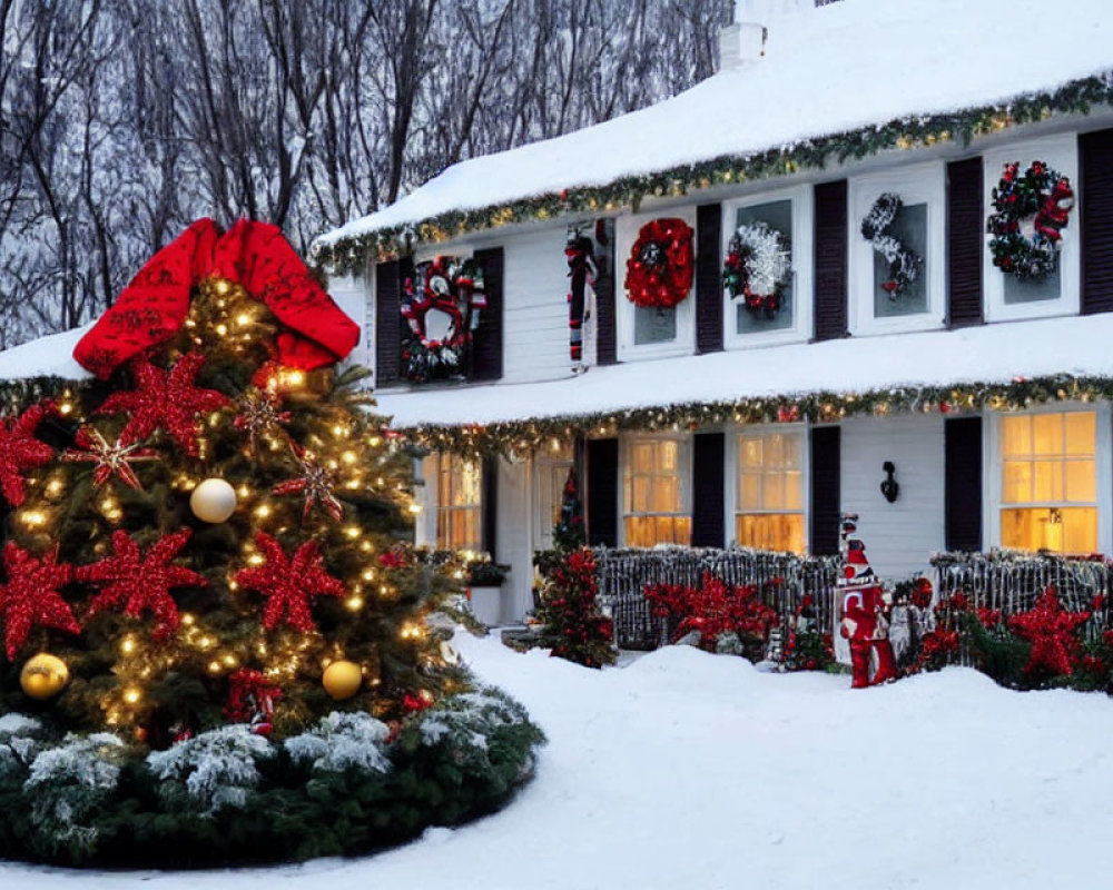 Snow-covered Christmas house with festive decorations and Santa hat tree