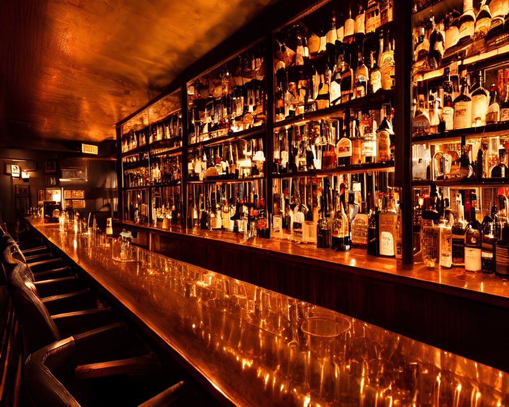 Inviting upscale bar with backlit shelves and wooden counter