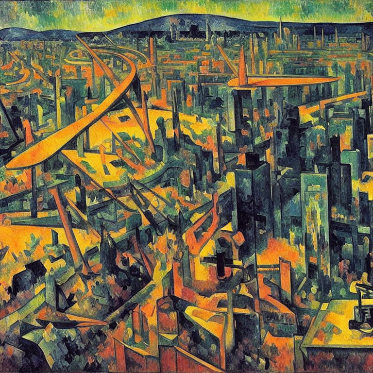 Colorful Cubist Cityscape Painting with Interlocking Shapes