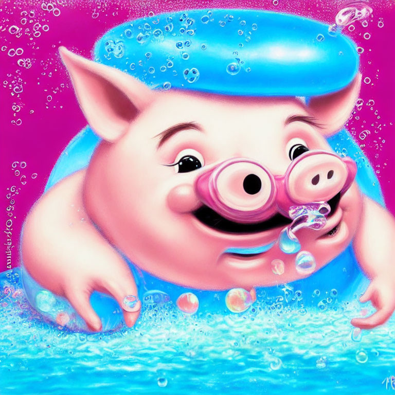 Blue swimming cap pig blowing bubbles underwater against pink backdrop