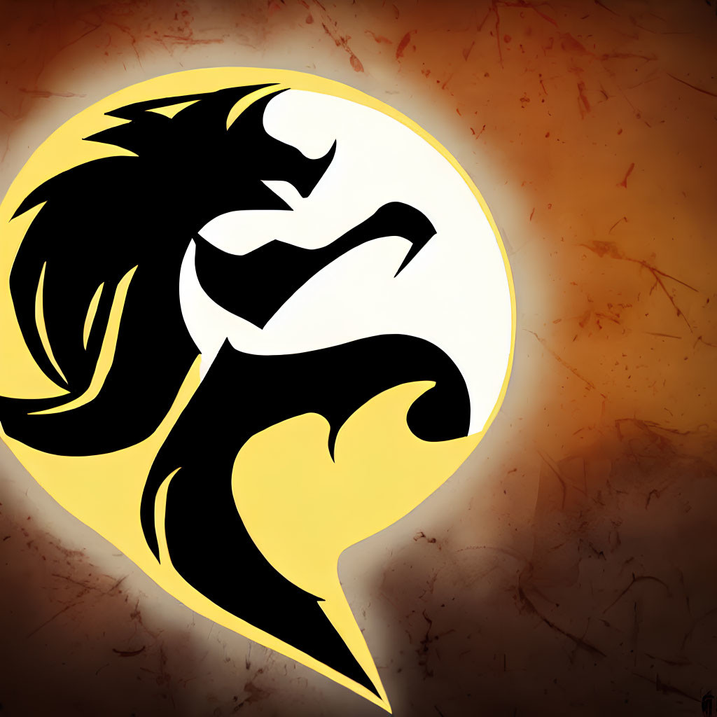 Black dragon silhouette on yellow circle against reddish-brown background