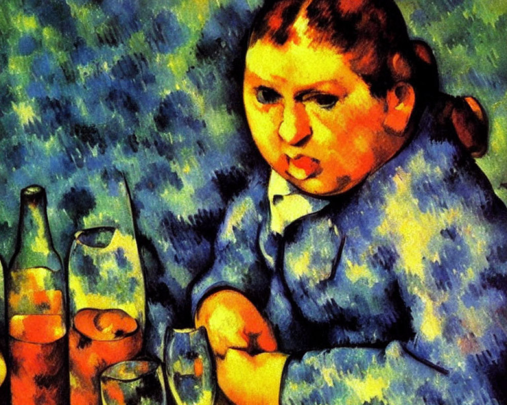 Colorful Impressionist Painting of Seated Figure with Bottles and Glasses