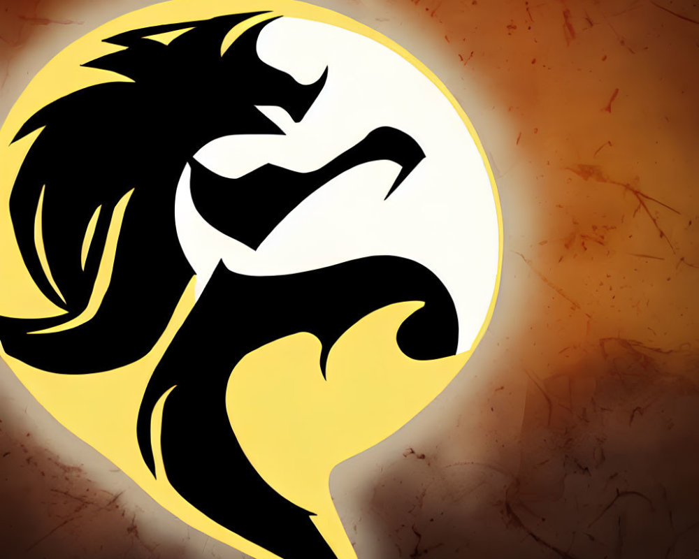 Black dragon silhouette on yellow circle against reddish-brown background