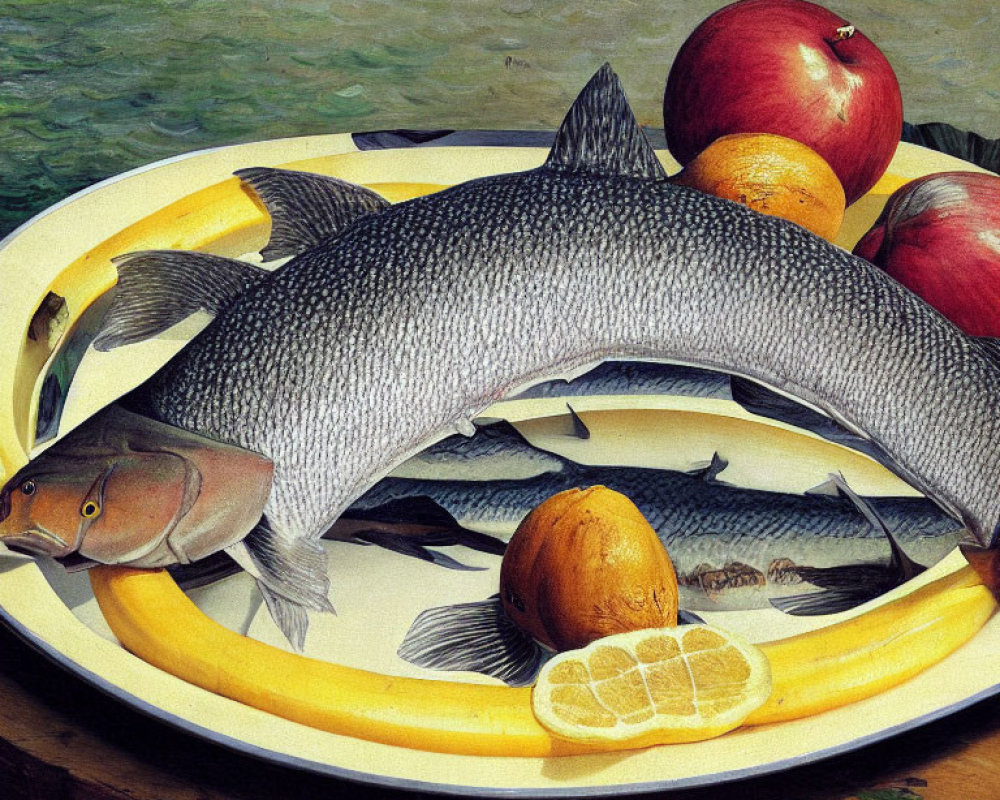 Realistic painting of platter with fish, apples, banana, and lemon on water background