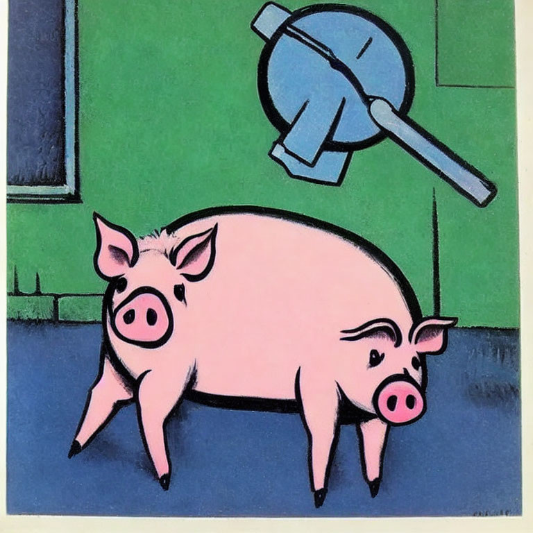 Pink pig with smaller pig on side in front of green background with blue floor and satellite dish