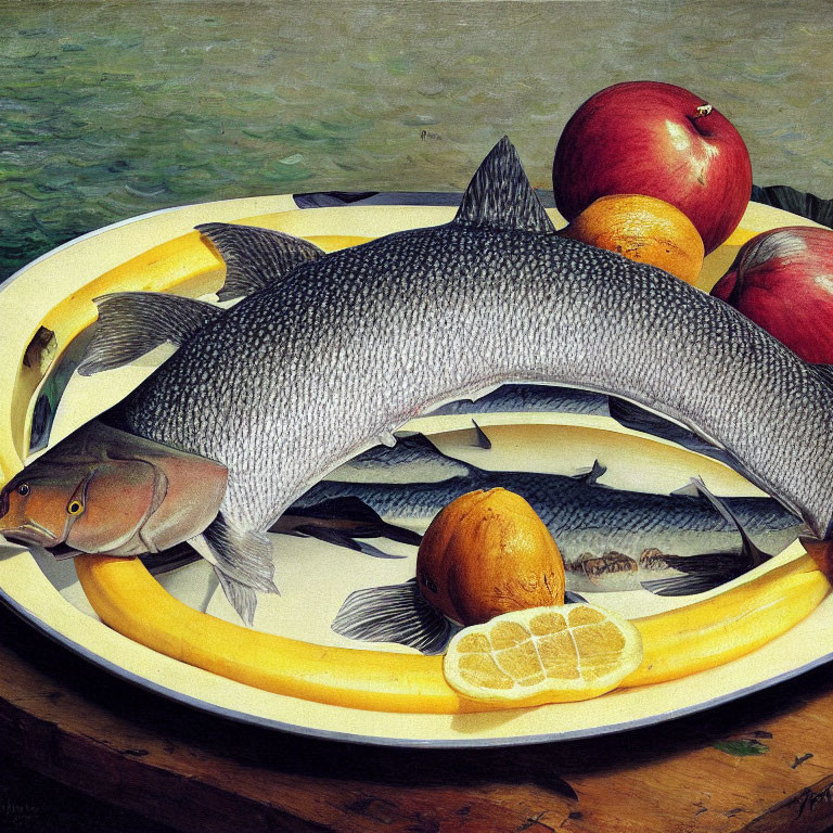 Realistic painting of platter with fish, apples, banana, and lemon on water background