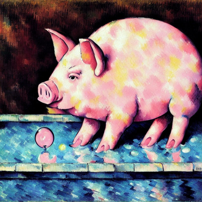 Surrealistic painting of pink pig near water with small figure