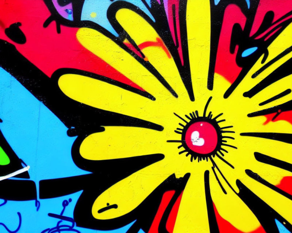 Colorful graffiti art: large yellow flower on multicolored background