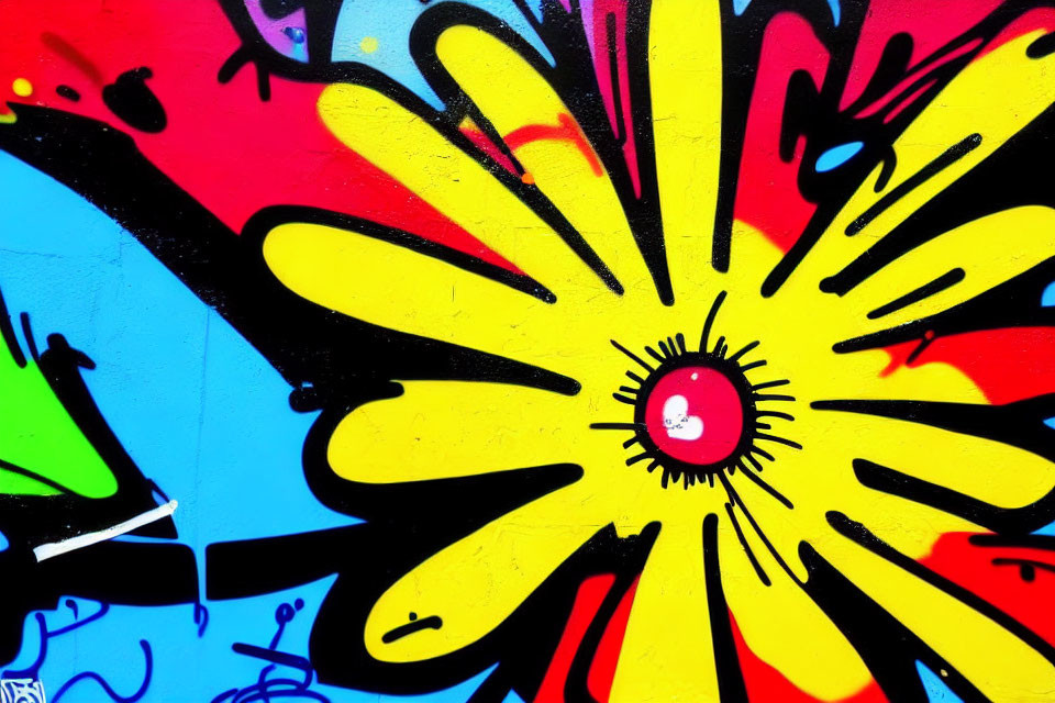 Colorful graffiti art: large yellow flower on multicolored background