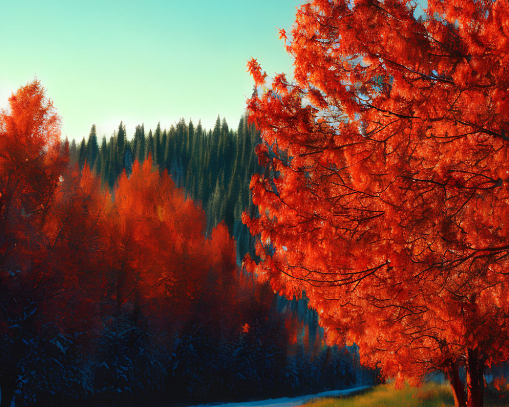 Vivid landscape with red foliage, snow, and green pines