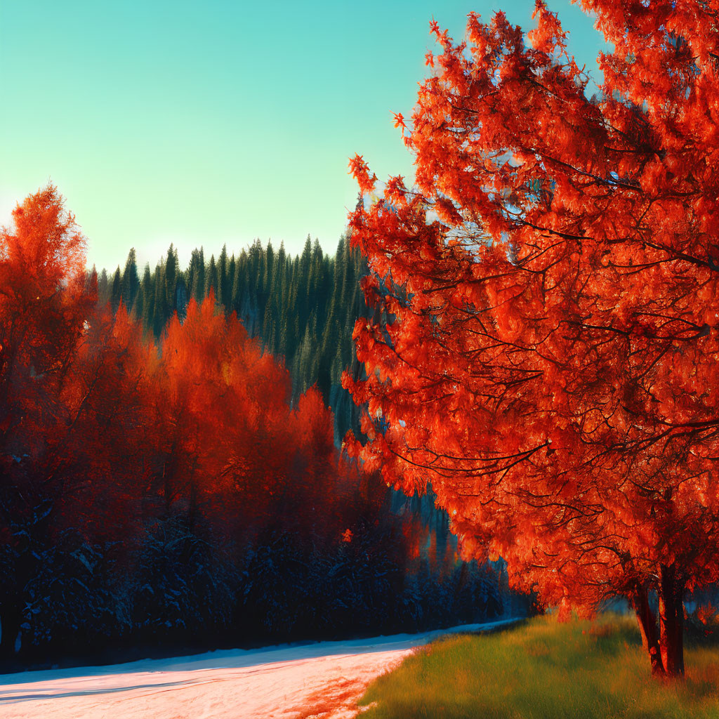 Vivid landscape with red foliage, snow, and green pines