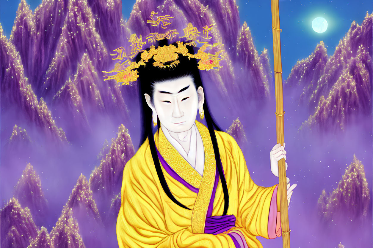 Illustrated figure in yellow garb with staff under starlit sky