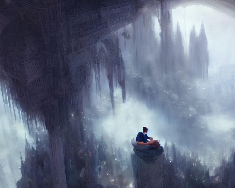 Person sitting on ledge in misty otherworldly environment with towering spires and ancient structures.