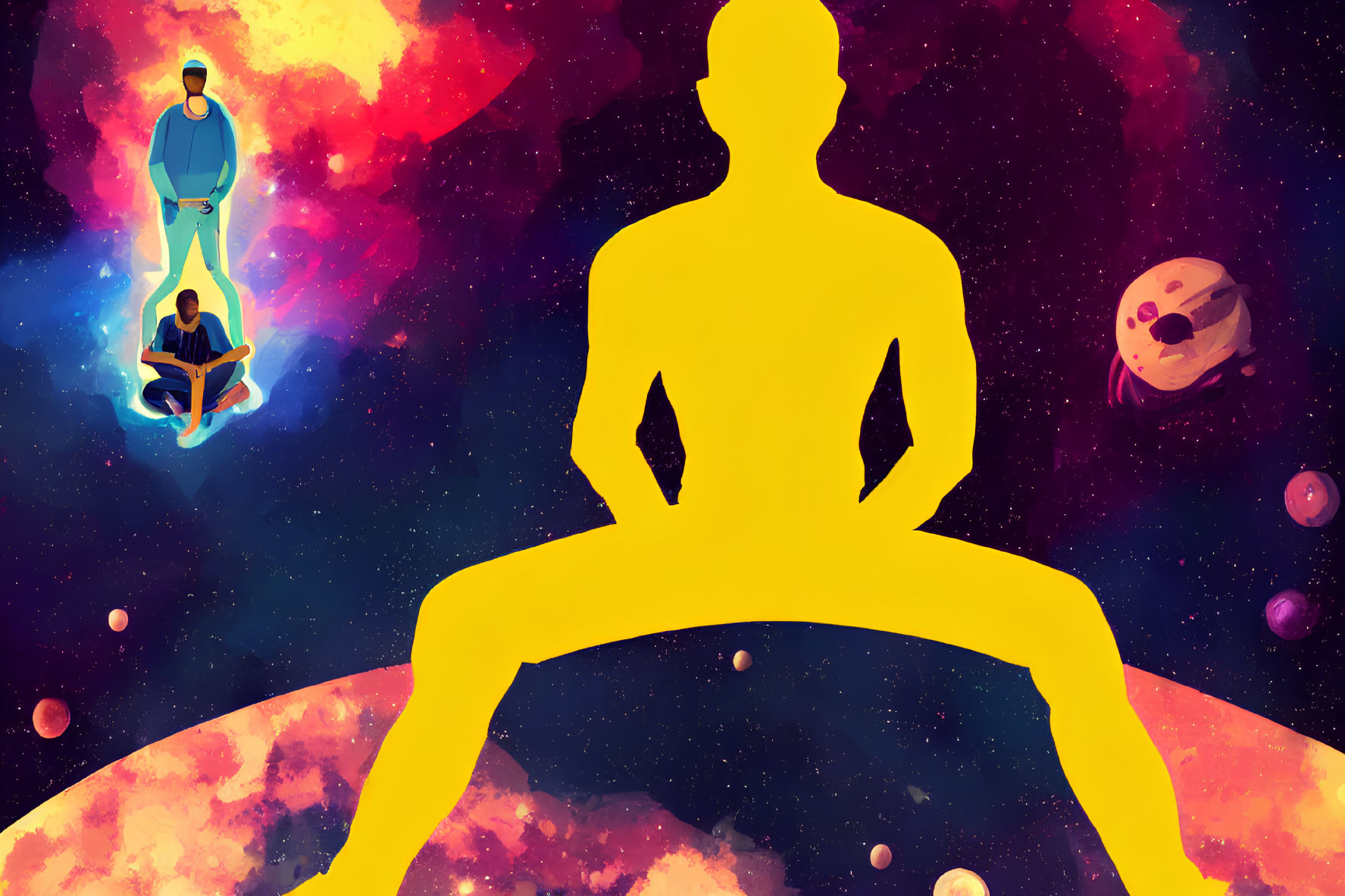 Colorful cosmic illustration with meditating figure in lotus position amidst floating human figures in starry space