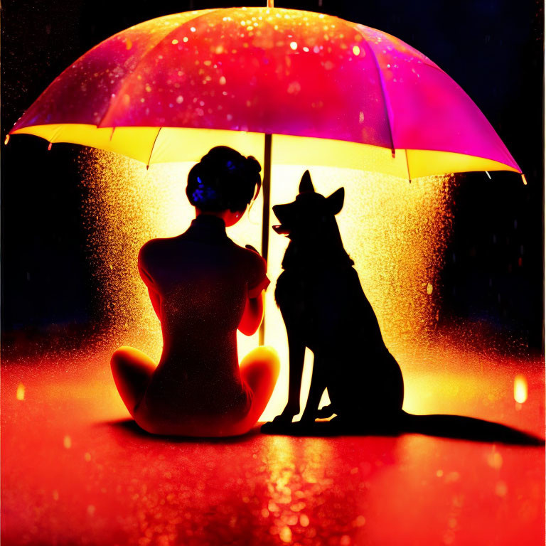 Silhouettes of Person and Dog under Colorful Glowing Umbrella