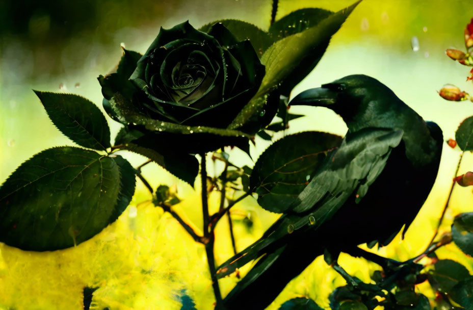 Blackbird perched near dark rose on green leaves with soft-focus background