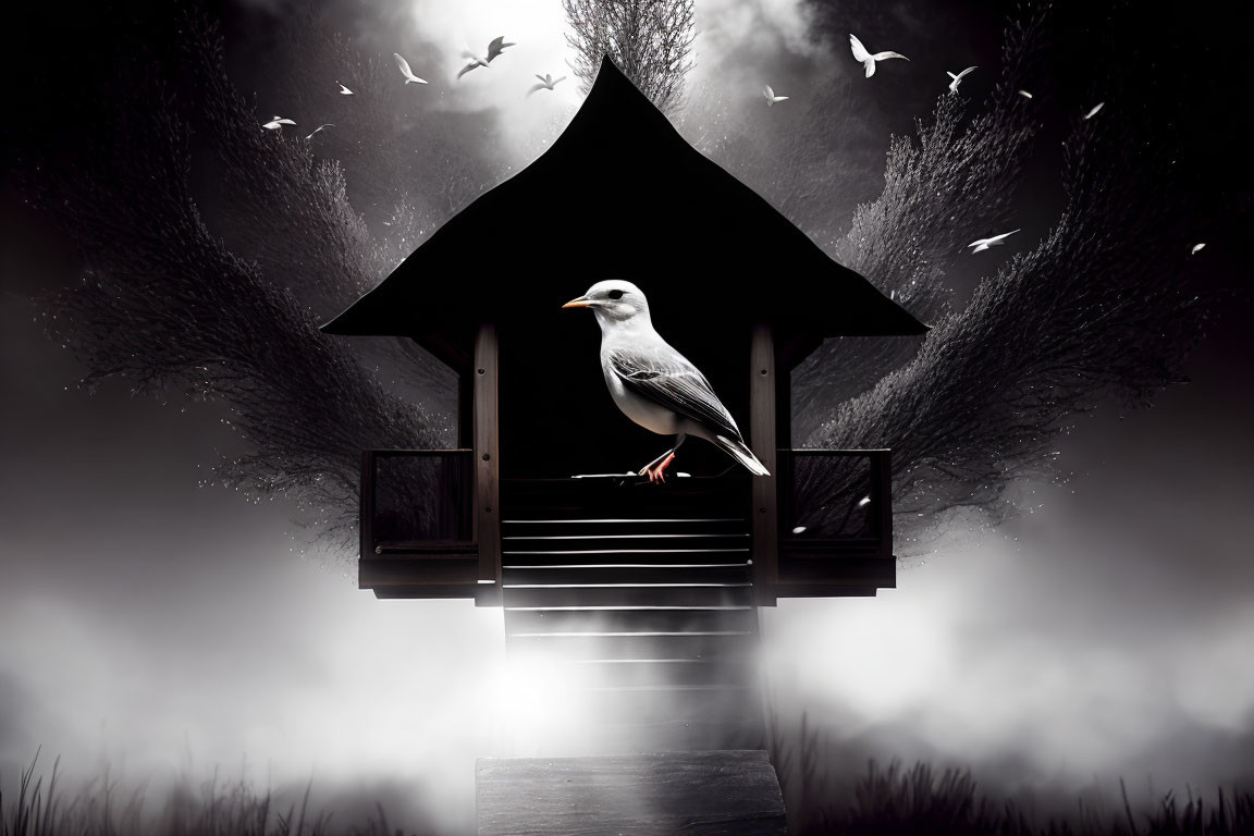 Monochrome image of bird on birdhouse in foggy setting