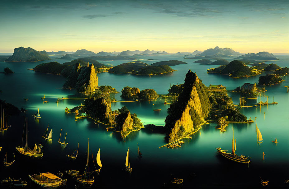 Tranquil seascape with islands, boats, and golden light reflections