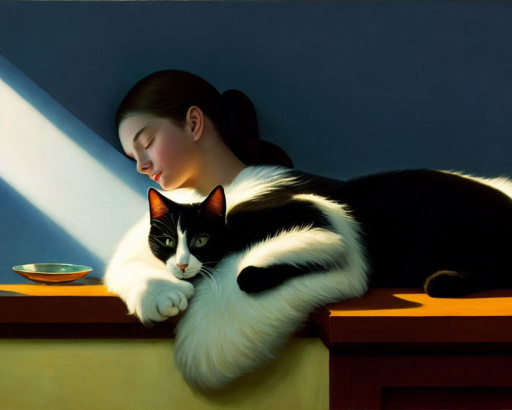 Woman and Black and White Cat Relaxing in Sunlight with Teapot and Cup