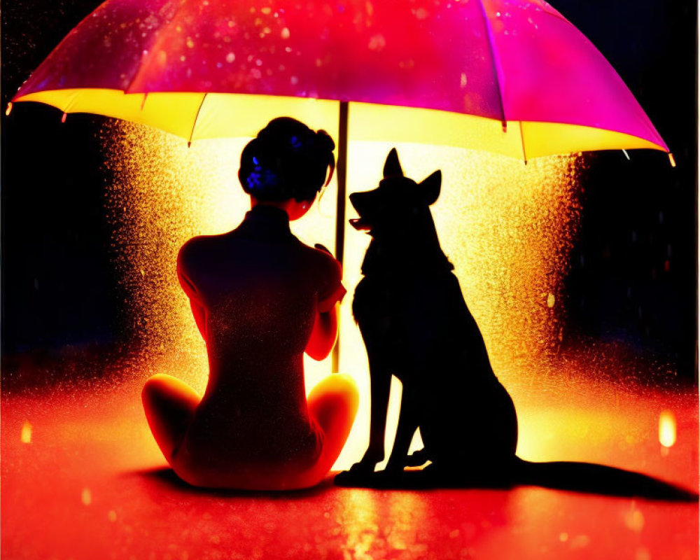 Silhouettes of Person and Dog under Colorful Glowing Umbrella