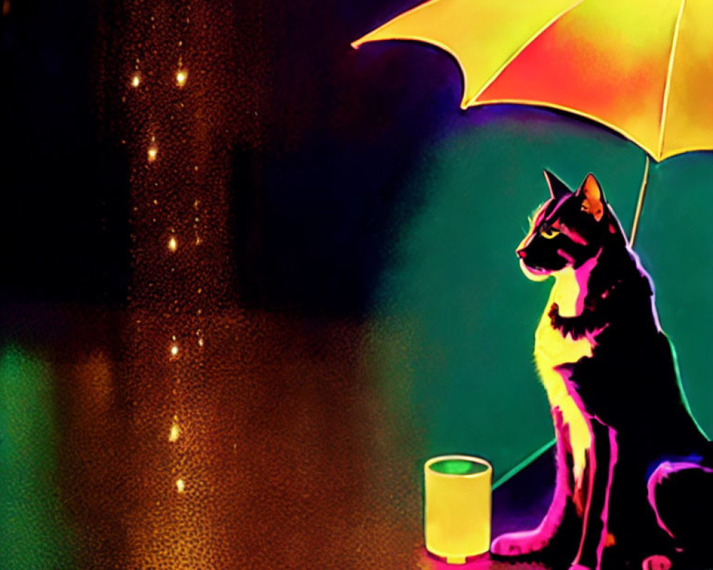 Colorful Cat Under Yellow Umbrella with Glass in Dark Setting