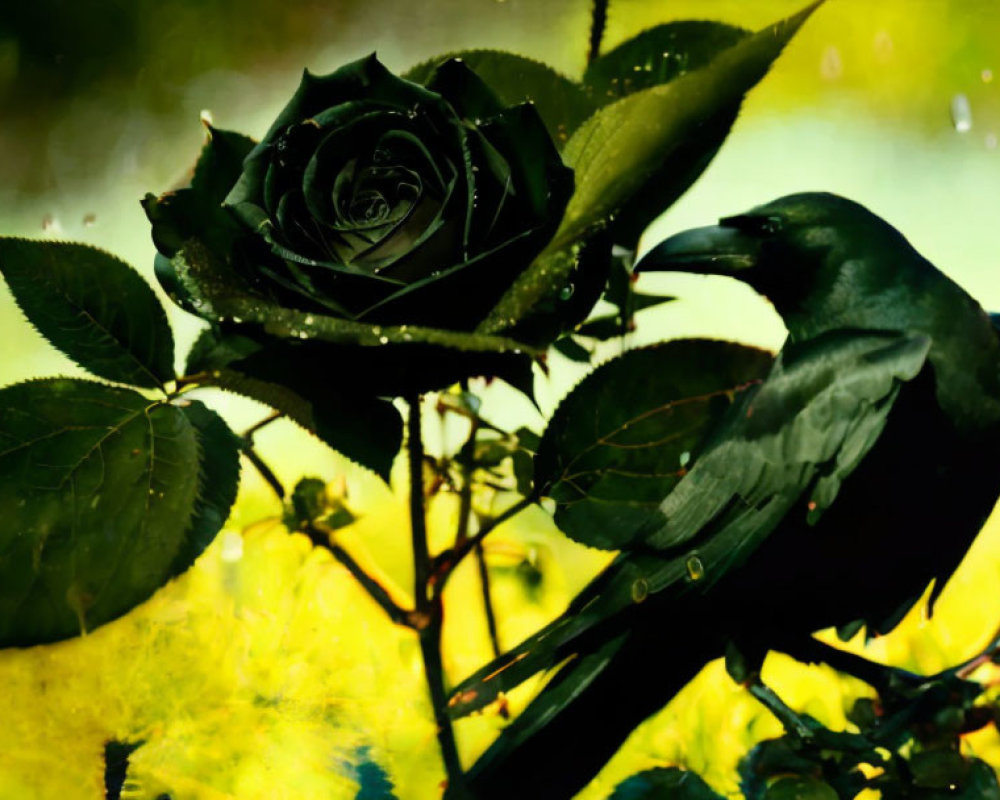 Blackbird perched near dark rose on green leaves with soft-focus background