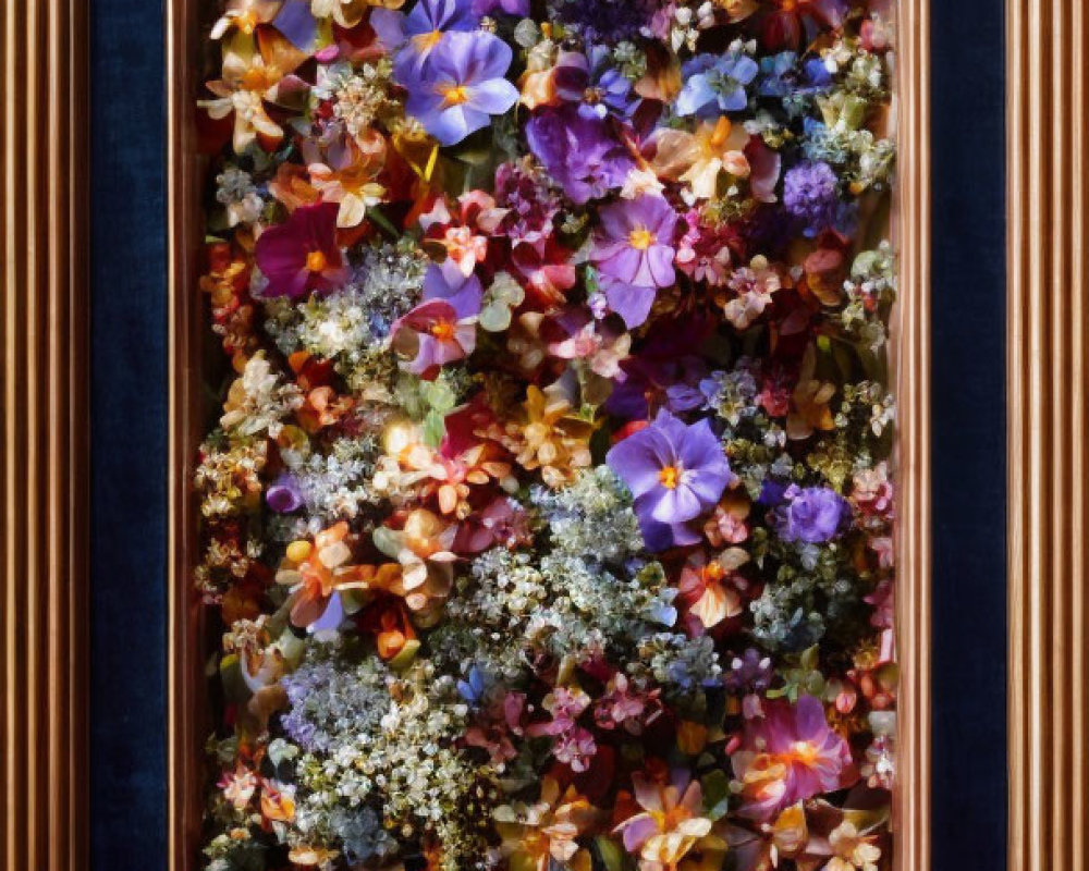 Colorful Flowers Arranged in Vertical Dark Blue Frame with Gold Border