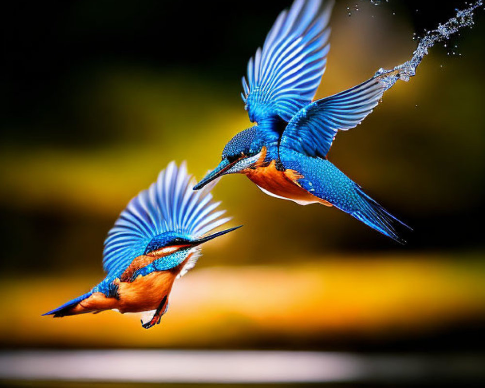 Two kingfishers in mid-flight above water, with one trailing water droplets.