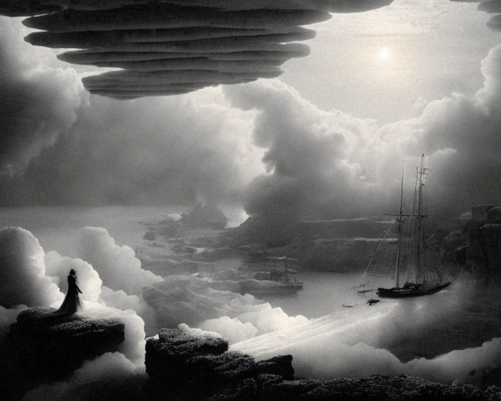 Monochromatic dreamscape: towering clouds, person on cliff, sailing ship under misty sun