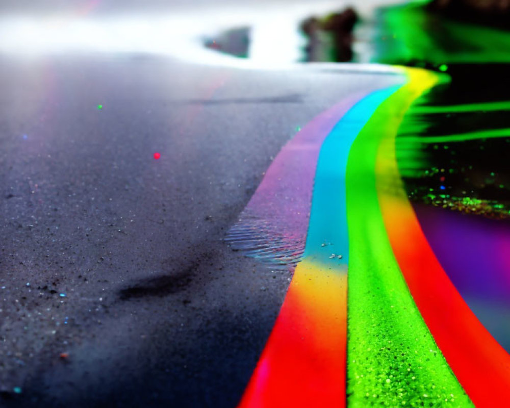 Colorful rainbow reflection on wet asphalt surface blending with gritty texture