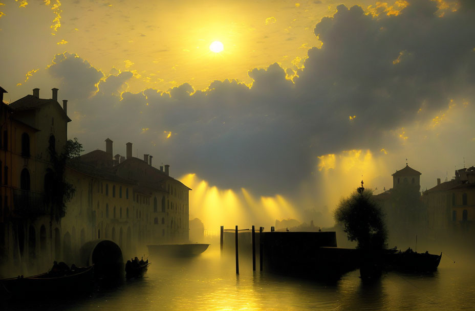 Tranquil Sunset Scene Over River with Silhouetted Buildings and Boats