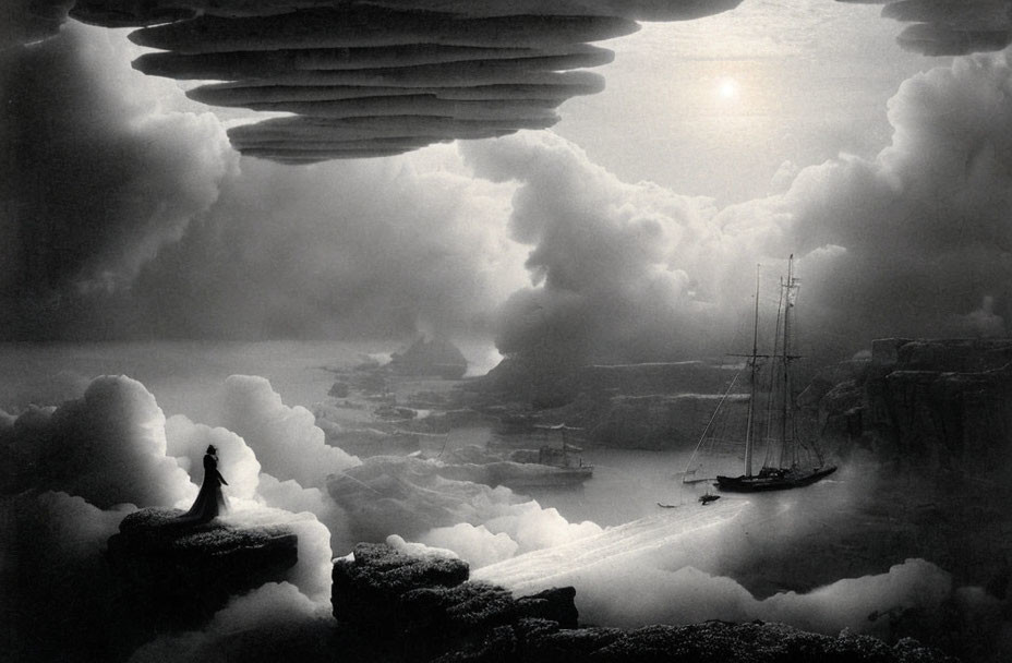 Monochromatic dreamscape: towering clouds, person on cliff, sailing ship under misty sun