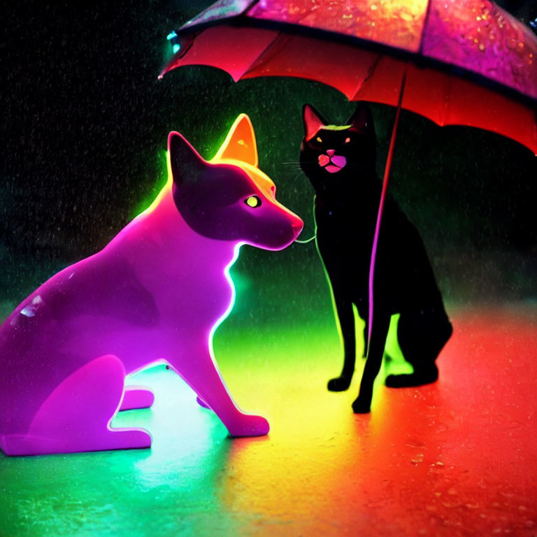 Colorful cats under red umbrella on reflective surface