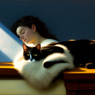 Woman and Black and White Cat Relaxing in Sunlight with Teapot and Cup