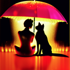 Silhouettes of Person and Dog under Colorful Glowing Umbrella